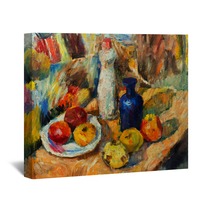 Beautiful Original Oil Painting Of Still Life Vase Apples Bright Colors Red Orange Green On Canvas Wall Art 94668338