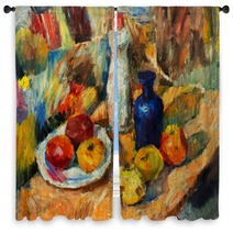 Beautiful Original Oil Painting Of Still Life Vase Apples Bright Colors Red Orange Green On Canvas Window Curtains 94668338