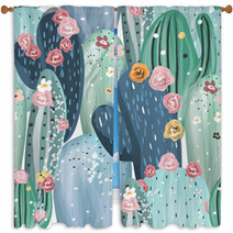 Beautiful Pastel Vintage Cactuses Succulents Cacti With Pink White And Yellow Flowers Seamless Pattern Window Curtains 187448565