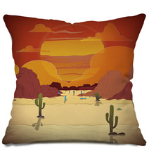 Beautiful Sunset In A Western Landscape With Cactus Pillows 72866802
