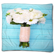Beautiful Wedding Bouquet On Wooden Background Blankets 66201215