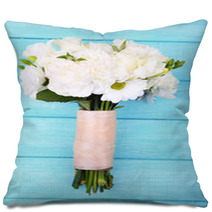 Beautiful Wedding Bouquet On Wooden Background Pillows 66201215