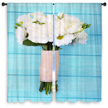 Beautiful Wedding Bouquet On Wooden Background Window Curtains 66201215