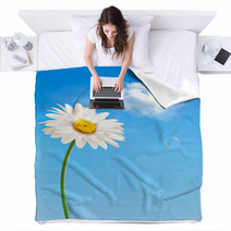 Beautiful White Daisy In Front Of The Blue Sky. Vector. Blankets 48903422
