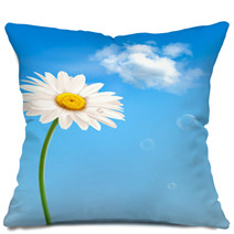 Beautiful White Daisy In Front Of The Blue Sky. Vector. Pillows 48903422