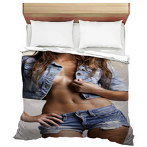 Beautiful Woman Body In Denim Jeans Shorts And Jacket Bedding 53737237
