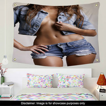 Beautiful Woman Body In Denim Jeans Shorts And Jacket Wall Art 53737237
