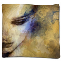 Beautiful Woman Face Watercolor Illustration Blankets 60051440