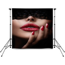 Beautiful Woman With Black Lace Mask Over Her Eyes Backdrops 65890529