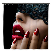 Beautiful Woman With Black Lace Mask Over Her Eyes Bath Decor 55971947