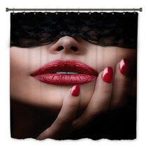 Beautiful Woman With Black Lace Mask Over Her Eyes Bath Decor 65890529