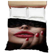 Beautiful Woman With Black Lace Mask Over Her Eyes Bedding 65890529
