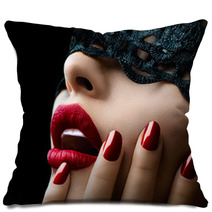 Beautiful Woman With Black Lace Mask Over Her Eyes Pillows 55971947