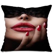 Beautiful Woman With Black Lace Mask Over Her Eyes Pillows 65890529
