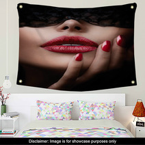 Beautiful Woman With Black Lace Mask Over Her Eyes Wall Art 65890529