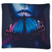 Beautiful Woman With Blue Hair And Butterfly Blankets 289494166