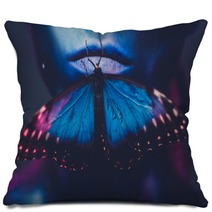 Beautiful Woman With Blue Hair And Butterfly Pillows 289494166