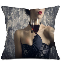 Beautiful Woman With Glass Red Wine Pillows 56635418