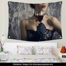 Beautiful Woman With Glass Red Wine Wall Art 56635418