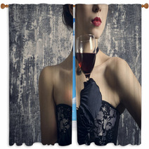 Beautiful Woman With Glass Red Wine Window Curtains 56635418