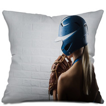 Beautiful Young Female Softball Or Baseball Player In Studio Pillows 135700572