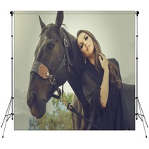Beautiful Young Woman And Her Horse Backdrops 70304349