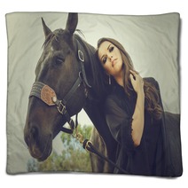 Beautiful Young Woman And Her Horse Blankets 70304349