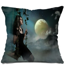 Beauty Brunette Swinging In Night Heaven Pillows 39256300