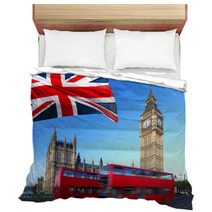 Big Ben With City Bus And Flag Of England, London Bedding 41680227