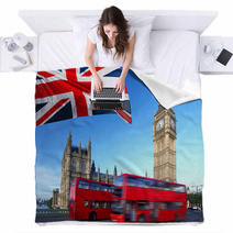 Big Ben With City Bus And Flag Of England, London Blankets 41680227