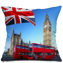 Big Ben With City Bus And Flag Of England, London Pillows 41680227