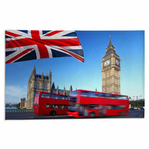Big Ben With City Bus And Flag Of England, London Rugs 41680227