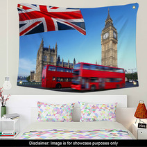 Big Ben With City Bus And Flag Of England, London Wall Art 41680227