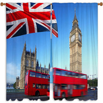 Big Ben With City Bus And Flag Of England, London Window Curtains 41680227