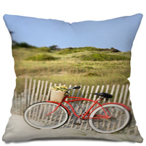 Bike Leaning Against Fence At Beach. Pillows 2984949