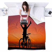 Biker Girl At The Sunset Near Lake Blankets 75893252