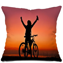Biker Girl At The Sunset Near Lake Pillows 75893252