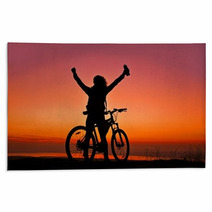 Biker Girl At The Sunset Near Lake Rugs 75893252