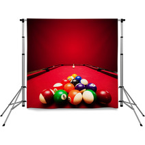 Billards Pool Game. Color Balls In Triangle, Aiming At Cue Ball Backdrops 51689924