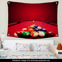 Billards Pool Game. Color Balls In Triangle, Aiming At Cue Ball Wall Art 51689924