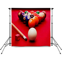 Billards Pool Game. Cue Ball, Cue Color Balls In Triangle, Chalk Backdrops 51689915