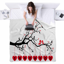 Birds On Tree With Red Hearts, Vector Blankets 50781238