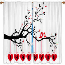 Birds On Tree With Red Hearts, Vector Window Curtains 50781238
