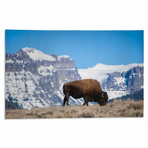 Bison Grazing Near Snow-Capped Peaks Rugs 64162145