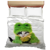 Black And White Kitten In A Green Frog Costume Bedding 2233084