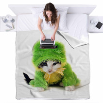 Black And White Kitten In A Green Frog Costume Blankets 2233084