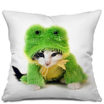Black And White Kitten In A Green Frog Costume Pillows 2233084