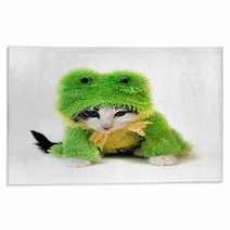 Black And White Kitten In A Green Frog Costume Rugs 2233084