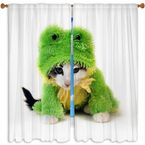 Black And White Kitten In A Green Frog Costume Window Curtains 2233084