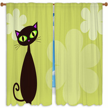 Black Cat On Lime Background Window Curtains 504764